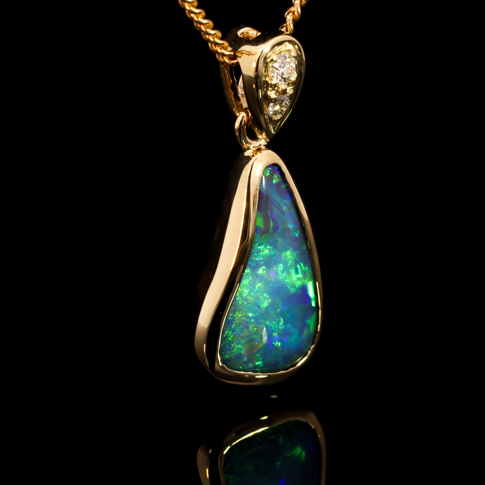 Yellow Gold Blue Green Purple Boulder Opal and Diamond Pendant