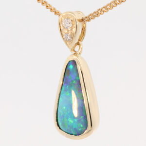 Yellow Gold Blue Green Purple Boulder Opal and Diamond Pendant