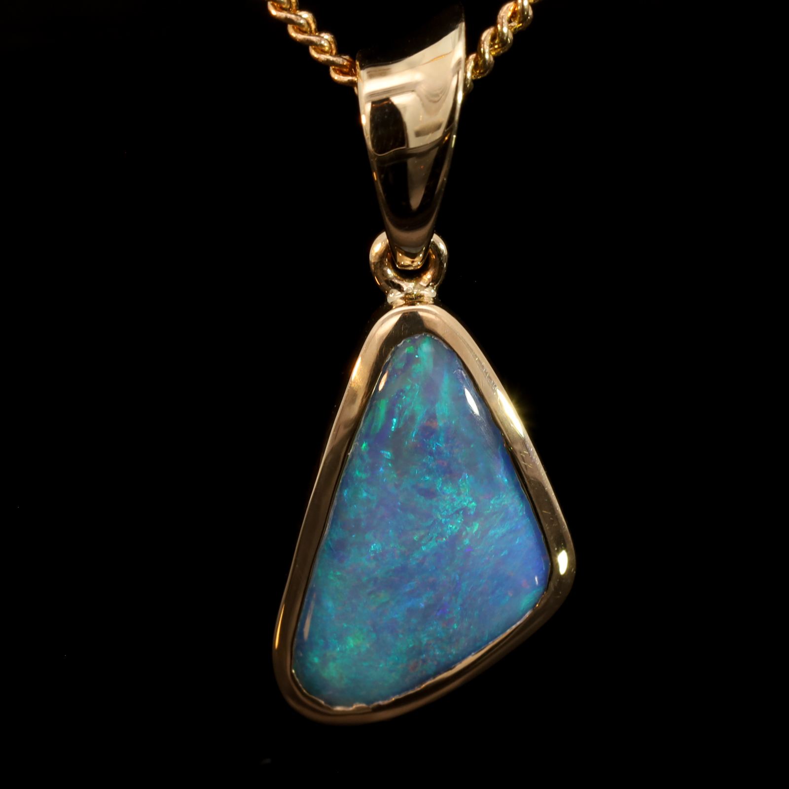 Yellow Gold Blue Green Boulder Opal Pendant