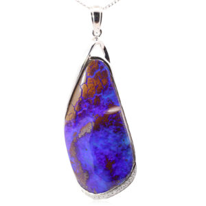 White Gold Blue Purple Boulder Opal and Diamond Pendant