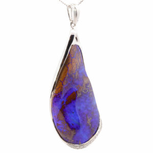 White Gold Blue Purple Boulder Opal and Diamond Pendant