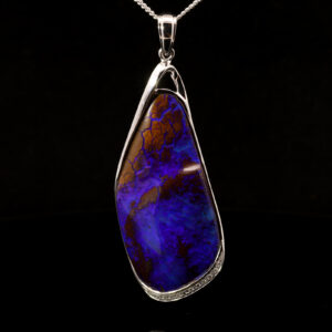 White Gold Blue Purple Boulder Opal and Diamond Pendant