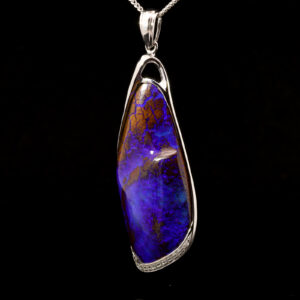 White Gold Blue Purple Boulder Opal and Diamond Pendant