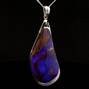 White Gold Blue Purple Boulder Opal and Diamond Pendant