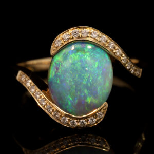 Yellow Gold Blue Green Yellow Semi Black Opal and Diamond Ring