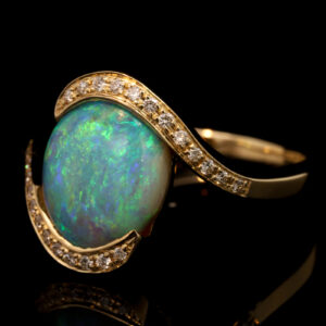 Yellow Gold Blue Green Yellow Semi Black Opal and Diamond Ring