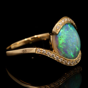 Yellow Gold Blue Green Yellow Semi Black Opal and Diamond Ring