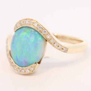 Yellow Gold Blue Green Yellow Semi Black Opal and Diamond Ring