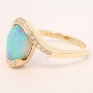 Yellow Gold Blue Green Yellow Semi Black Opal and Diamond Ring