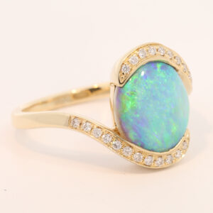 Yellow Gold Blue Green Yellow Semi Black Opal and Diamond Ring