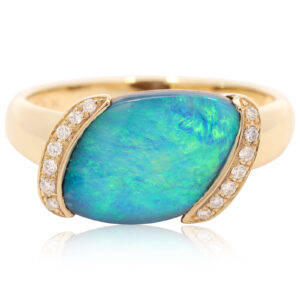 Yellow Gold Blue Green Boulder Opal and Diamond Ring