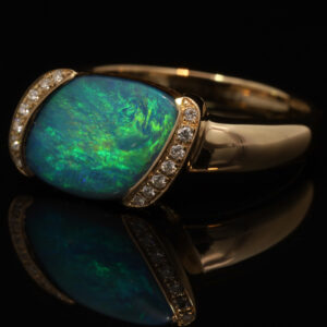 Yellow Gold Blue Green Boulder Opal and Diamond Ring