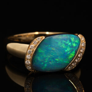 Yellow Gold Blue Green Boulder Opal and Diamond Ring