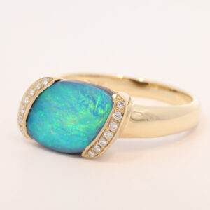 Yellow Gold Blue Green Boulder Opal and Diamond Ring