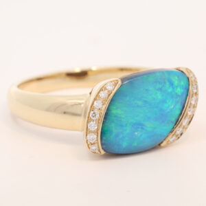 Yellow Gold Blue Green Boulder Opal and Diamond Ring