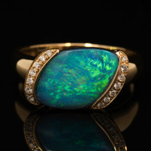 Yellow Gold Blue Green Boulder Opal and Diamond Ring