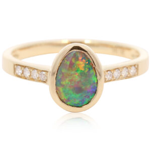 Yellow Gold Blue Green Yellow Orange Semi Black Opal and Diamond Ring