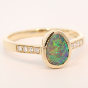 Yellow Gold Blue Green Yellow Orange Semi Black Opal and Diamond Ring