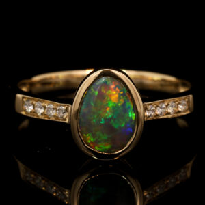 Yellow Gold Blue Green Yellow Orange Semi Black Opal and Diamond Ring
