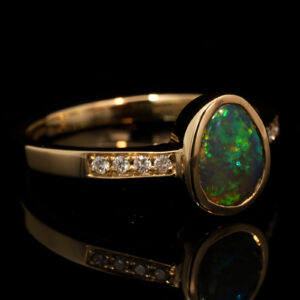 Yellow Gold Blue Green Yellow Orange Semi Black Opal and Diamond Ring