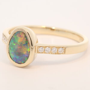 Yellow Gold Blue Green Yellow Orange Semi Black Opal and Diamond Ring