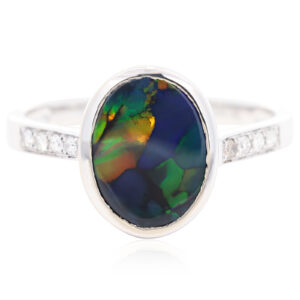 White Gold Blue Green Yellow Orange Black Opal and Diamond Ring