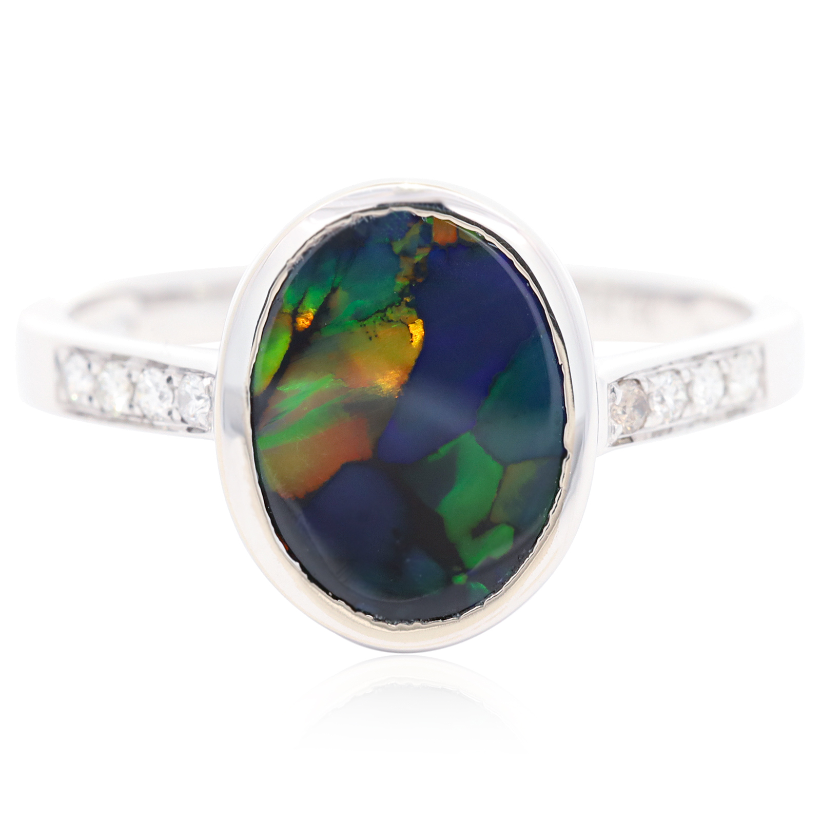 White Gold Blue Green Yellow Orange Black Opal and Diamond Ring