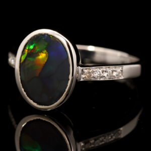 White Gold Blue Green Yellow Orange Black Opal and Diamond Ring