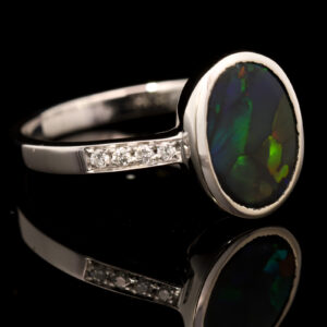 White Gold Blue Green Yellow Orange Black Opal and Diamond Ring