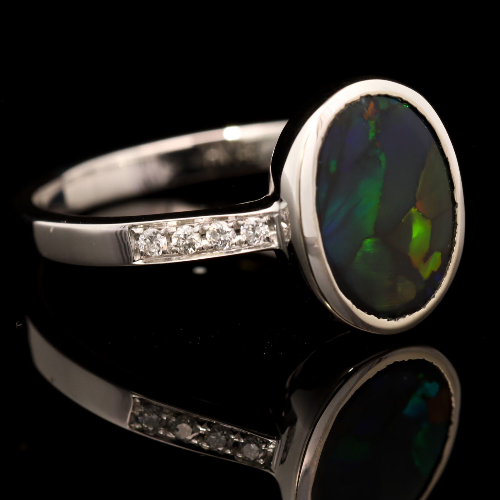 White Gold Blue Green Yellow Orange Black Opal and Diamond Ring