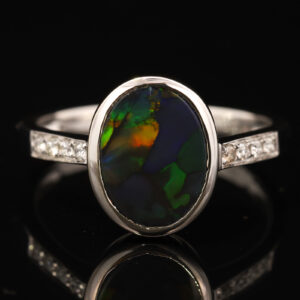 White Gold Blue Green Yellow Orange Black Opal and Diamond Ring