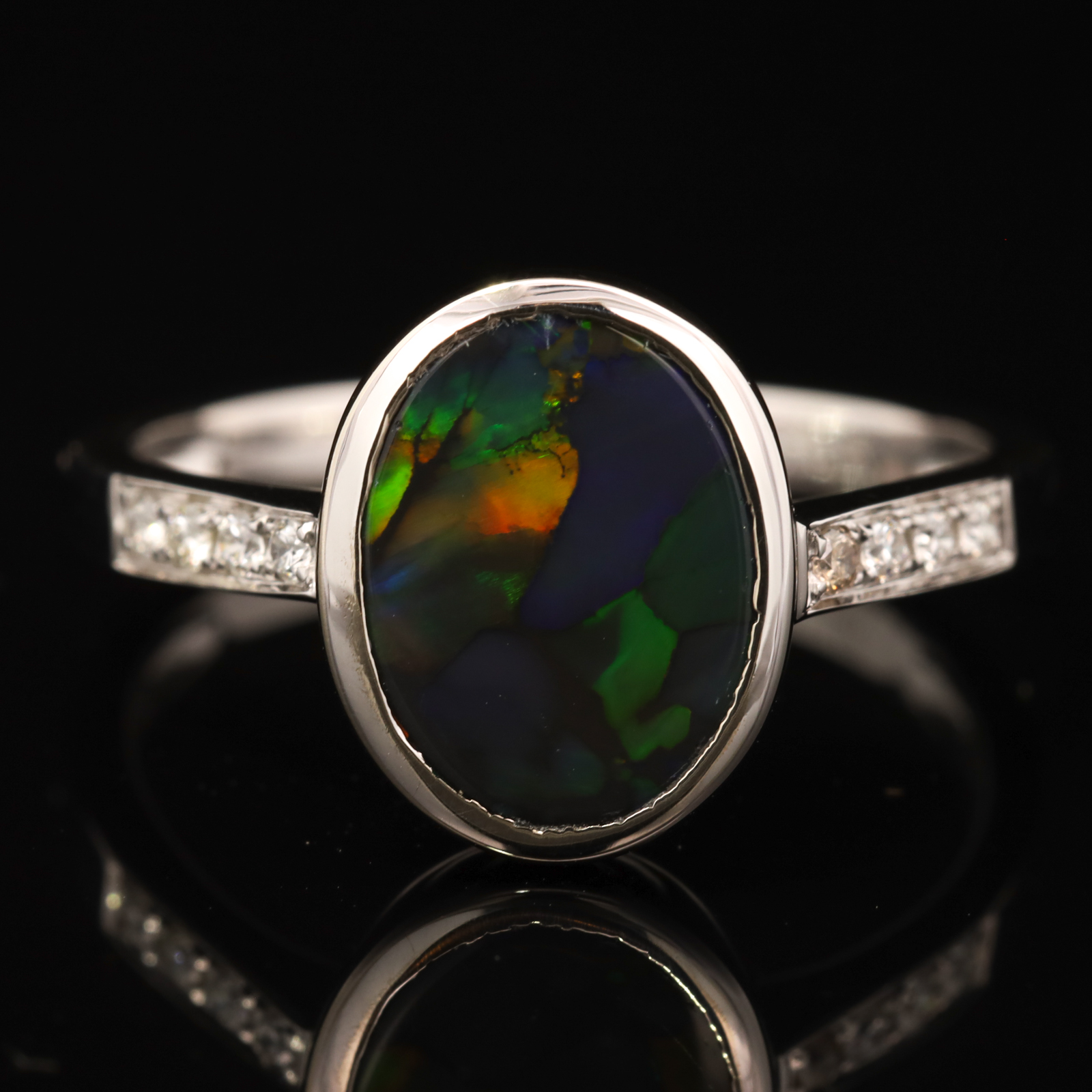 White Gold Blue Green Yellow Orange Black Opal and Diamond Ring