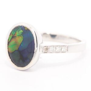 White Gold Blue Green Yellow Orange Black Opal and Diamond Ring