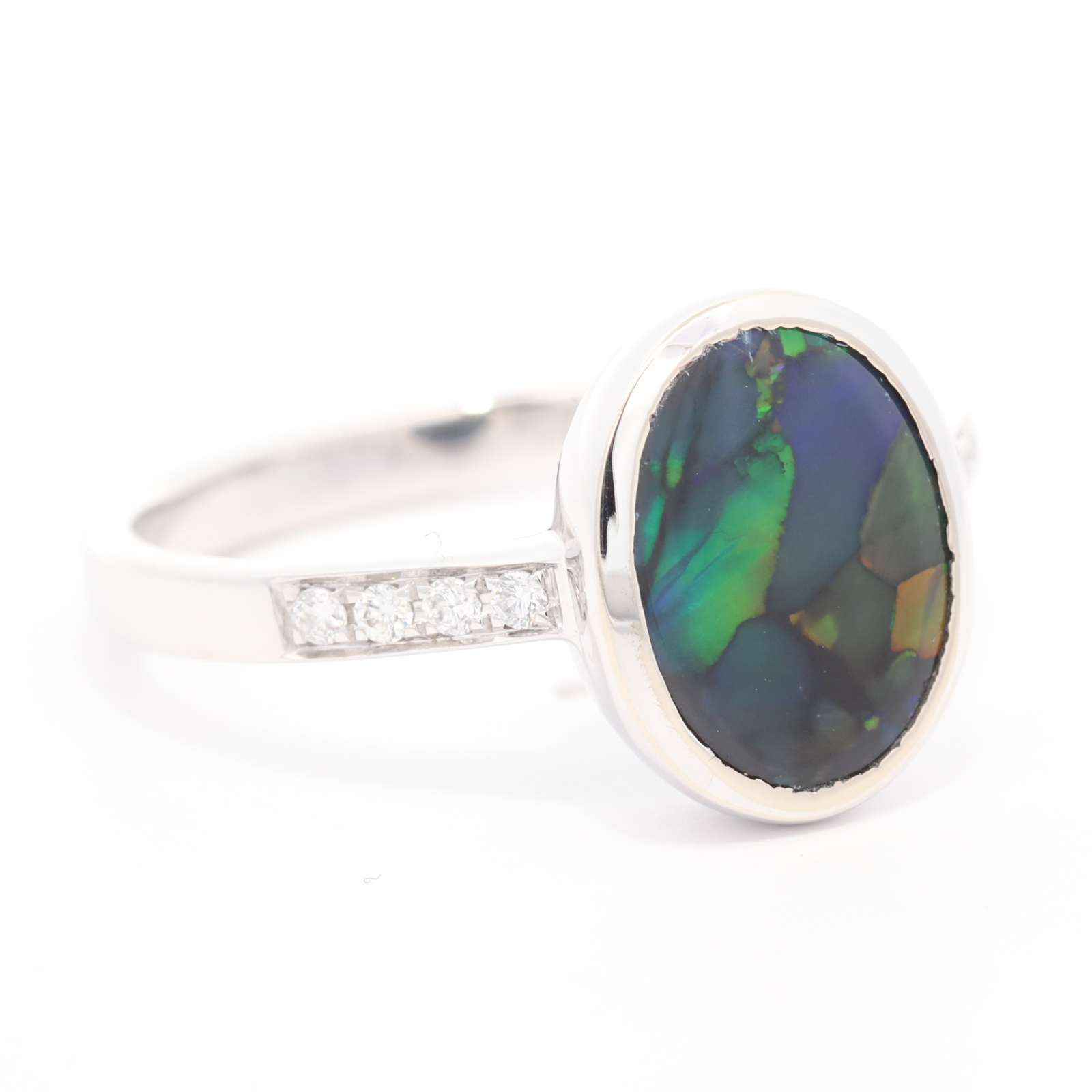 White Gold Blue Green Yellow Orange Black Opal and Diamond Ring