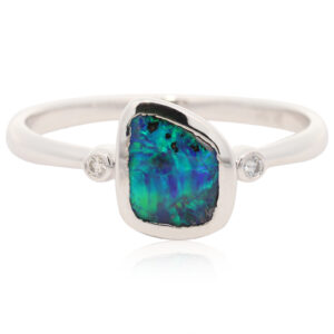 White Gold Blue Green Boulder Opal and Diamond Ring