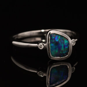 White Gold Blue Green Boulder Opal and Diamond Ring