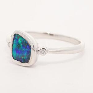 White Gold Blue Green Boulder Opal and Diamond Ring