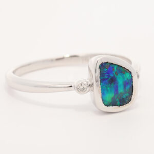 White Gold Blue Green Boulder Opal and Diamond Ring
