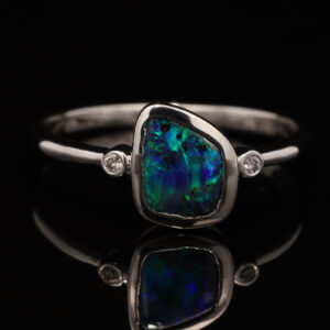 White Gold Blue Green Boulder Opal and Diamond Ring