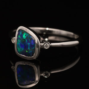 White Gold Blue Green Boulder Opal and Diamond Ring