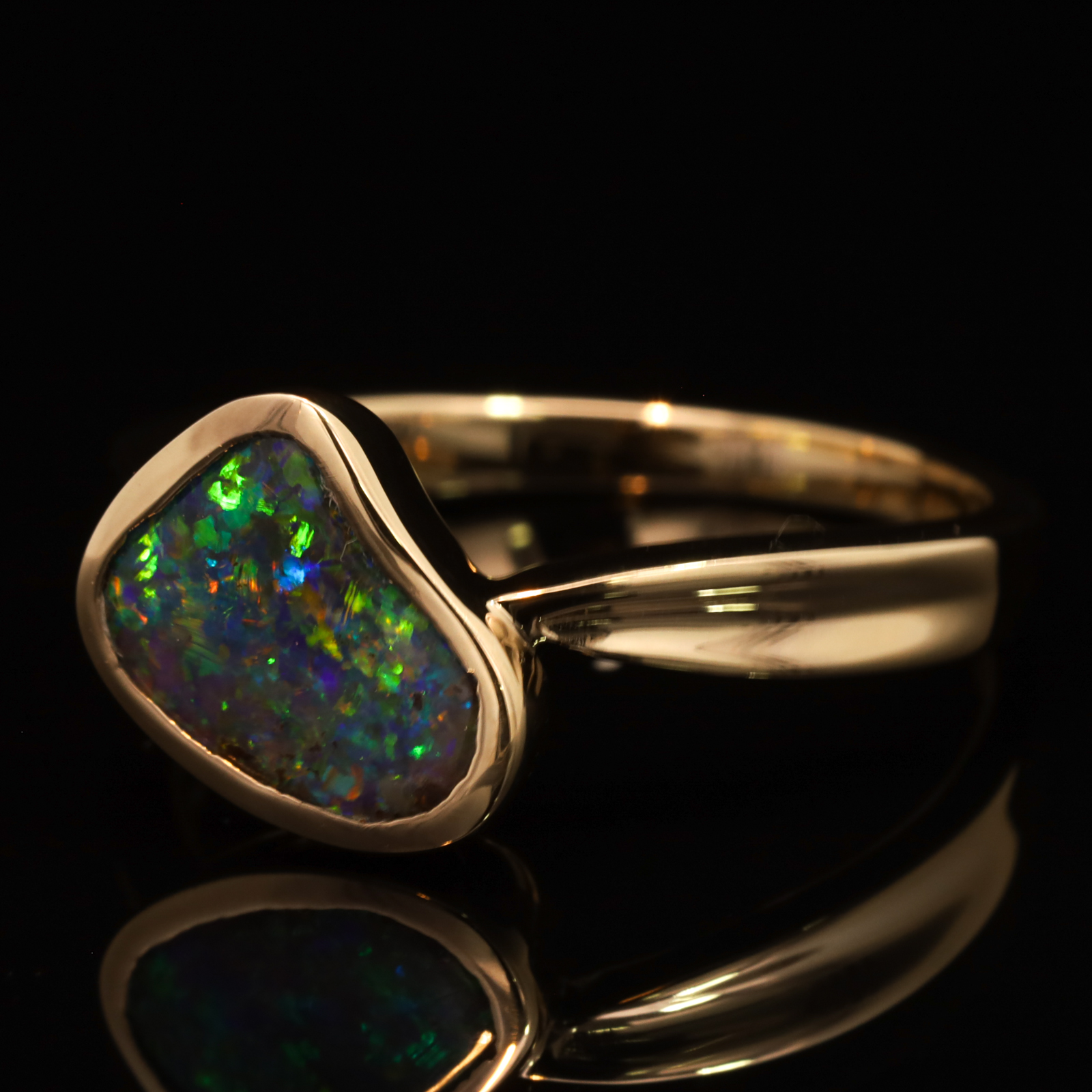 Yellow Gold Blue Green Yellow Orange Red Boulder Opal Ring