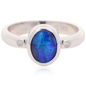 White Gold Blue Green Purple Boulder Opal and Diamond Ring