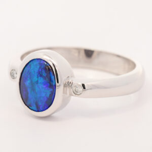 White Gold Blue Green Purple Boulder Opal and Diamond Ring