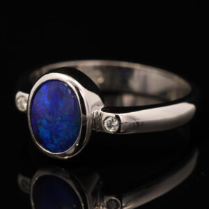 White Gold Blue Green Purple Boulder Opal and Diamond Ring