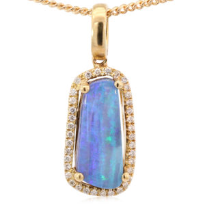 Yellow Gold Blue Green Purple Solid Australian Boulder Opal and Diamond Pendant Necklace