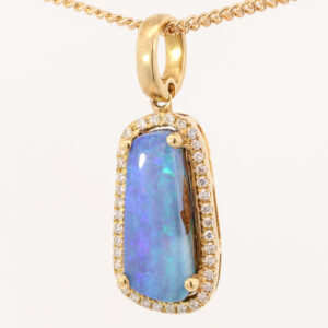 Yellow Gold Blue Green Purple Solid Australian Boulder Opal and Diamond Pendant Necklace