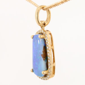 Yellow Gold Blue Green Purple Solid Australian Boulder Opal and Diamond Pendant Necklace