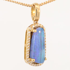Yellow Gold Blue Green Purple Solid Australian Boulder Opal and Diamond Pendant Necklace