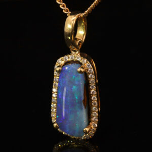 Yellow Gold Blue Green Purple Solid Australian Boulder Opal and Diamond Pendant Necklace