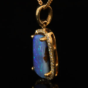 Yellow Gold Blue Green Purple Solid Australian Boulder Opal and Diamond Pendant Necklace